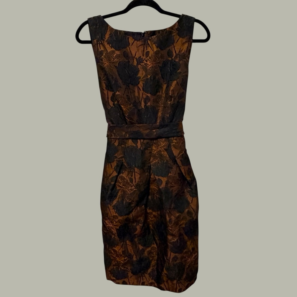 Talbots Bronze Copper Black Floral Jacquard Sleeveless Sheath Dress Belted 10